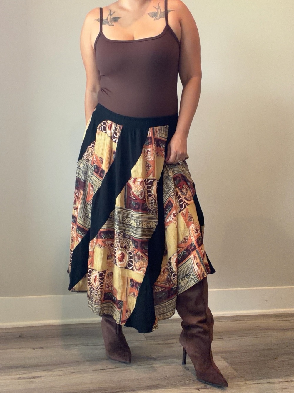 Vintage Sharon Anthony Bohemian Patchwork Midi Skirt in Black